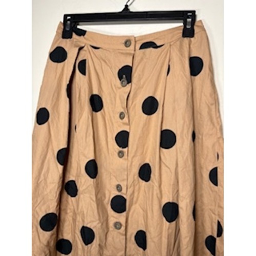 WHO WHAT WEAR Midi Skirt 4 Tan Black Polka Dot Button Front Cotton Retro A-Line - Picture 2 of 7